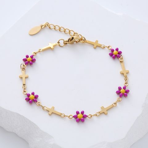 Simple Style Cross Flower Stainless Steel Patchwork Enamel Gold Plated Bracelets 1 Piece