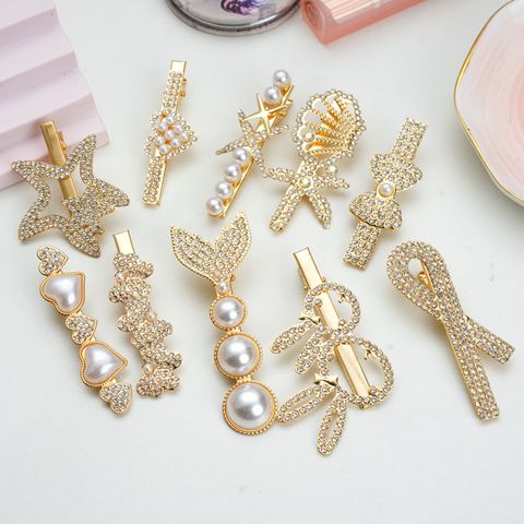 Fairy Style Bow Knot Metal Inlay Rhinestones Pearl Hair Clip 1 Piece