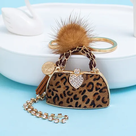 Retro Bolso De Mano Forma De Corazón Leopardo Cuero Sintético Embutido Diamantes De Imitación Mujeres Colgante De Bolsa Llavero