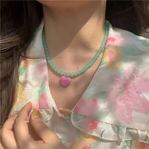 Cute Heart Shape Resin Glass Beaded Women's Necklace