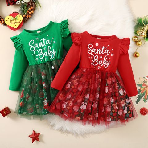Christmas Fashion Santa Claus Letter Printing Patchwork Cotton Girls Skirts