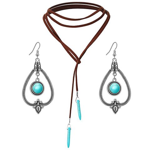 Ethnic Style Geometric Water Droplets Turquoise Metal Earrings Necklace