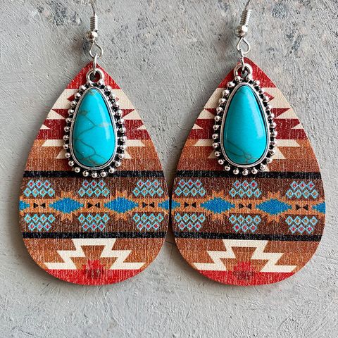 Retro Water Droplets Alloy Wood Inlay Turquoise Women's Drop Earrings 1 Pair