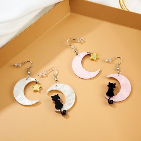 Fashion Star Moon Cat Arylic Stoving Varnish Women's Drop Earrings 1 Pair