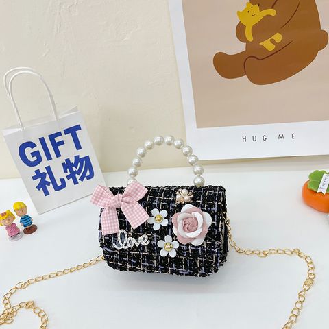 Girl's Small Cotton And Linen Flower Bow Knot Fashion Pearl Square Magnetic Buckle Crossbody Bag