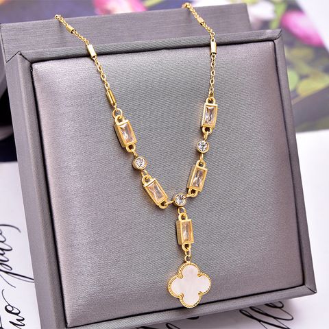 Glam Four Leaf Clover Heart Shape Titanium Steel Plating Artificial Pearls Necklace