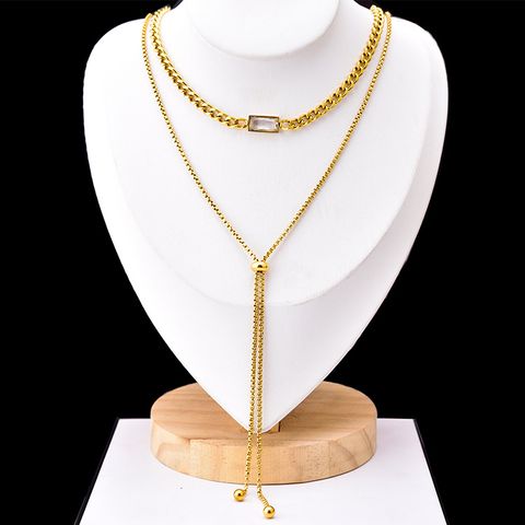 Fashion Tassel Rectangle Titanium Steel Gold Plated Rhinestones Layered Necklaces 1 Piece