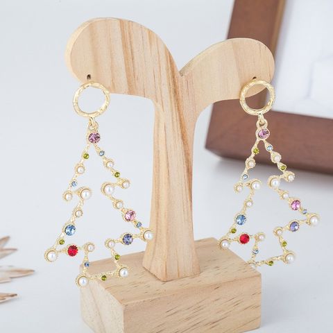 1 Pair Fashion Christmas Tree Hollow Out Alloy Artificial Pearls Rhinestones Ear Studs