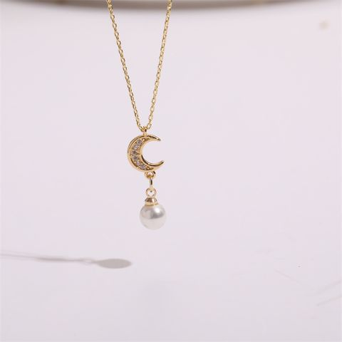 Classic Style Moon Flower Butterfly Copper Gold Plated Artificial Pearls Zircon Pendant Necklace 1 Piece