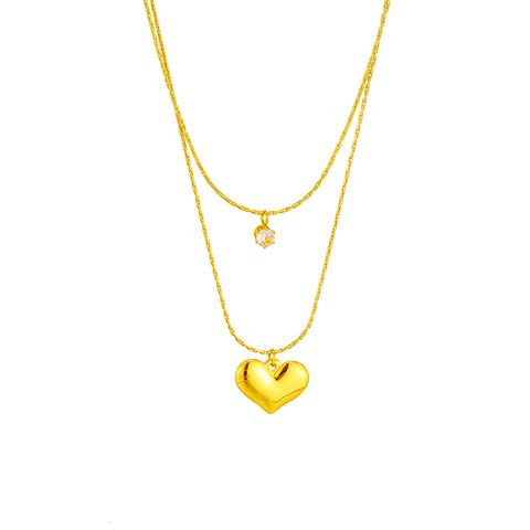 Basic Heart Shape Titanium Steel Gold Plated Rhinestones Layered Necklaces 1 Piece