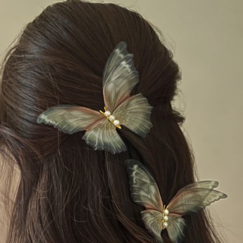 Sweet Butterfly Cloth Pearl Hair Clip 2 Pieces