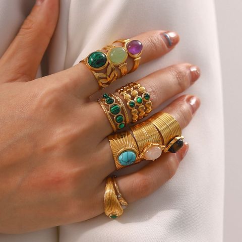 Fashion Geometric Stainless Steel Irregular Artificial Gemstones Gold Plated Rings