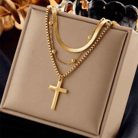 Vintage Style Cross Titanium Steel Gold Plated Layered Necklaces 1 Piece