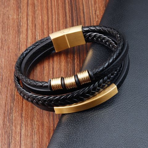 Retro Geometric Twist Pu Leather Titanium Steel Polishing Men's Bracelets 1 Piece