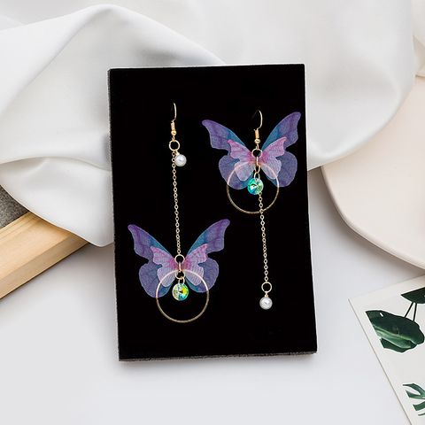 Sweet Butterfly Polyester Fabric Alloy Inlay Artificial Pearls Rhinestones Women's Earrings 1 Pair