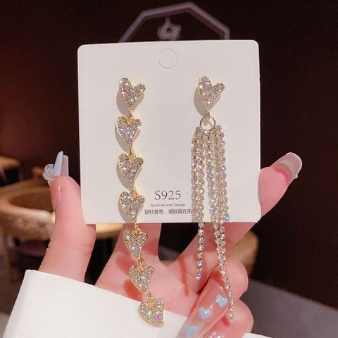 1 Pair Fashion Tassel Heart Shape Alloy Asymmetrical Inlay Rhinestones Women's Drop Earrings