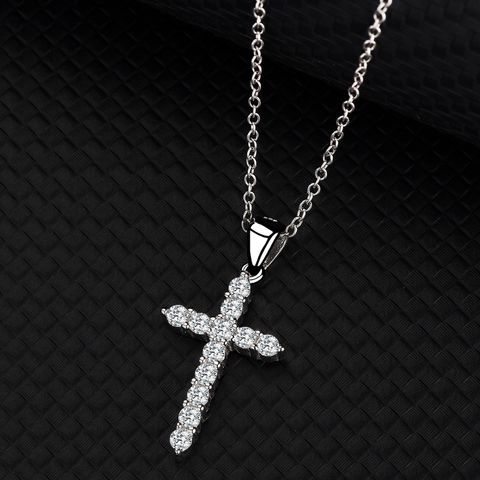 Simple Style Cross Sterling Silver Inlay Zircon Pendant Necklace