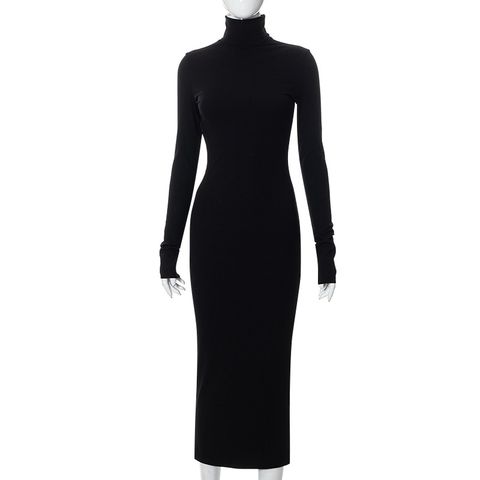 Women's Sheath Dress Fashion Turtleneck Patchwork Long Sleeve Solid Color Maxi Long Dress Daily
