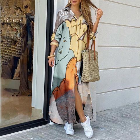 Women's A-line Skirt Fashion Turndown Printing Long Sleeve Floral Maxi Long Dress Daily