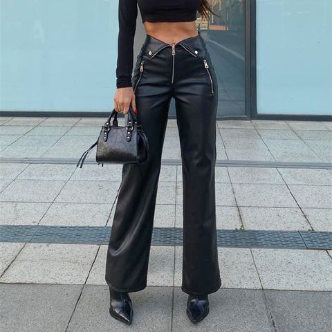 Fashion Solid Color Pu Polyester Full Length Zipper Patchwork Casual Pants