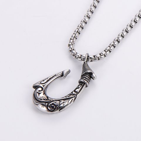 Hip-hop Tribal Fishhook Stainless Steel Carving Pendant Necklace 1 Piece