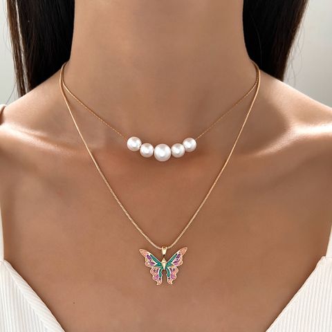 Mode Schmetterling Legierung Emaille Überzug Künstliche Perlen Frau Geschichtete Halskette 1 Stück