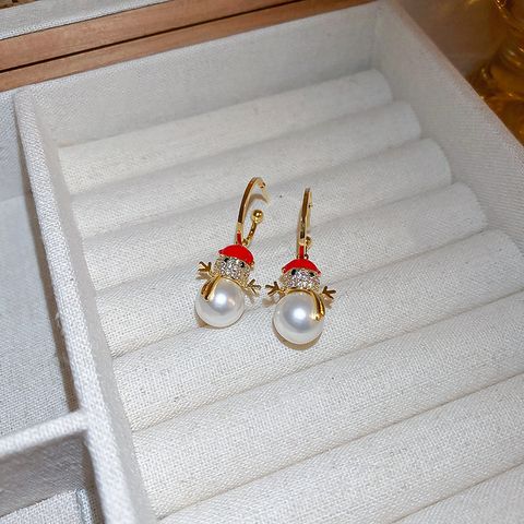 Cute Snowman Alloy Gold Plated Rhinestones Women's Earrings 1 Pair
