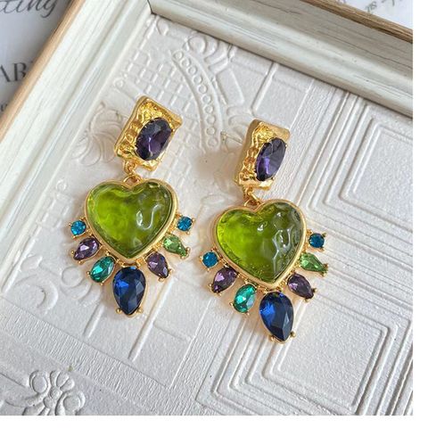 Chinoiserie Heart Shape Mixed Materials Plating Glass Women's Earrings 1 Pair