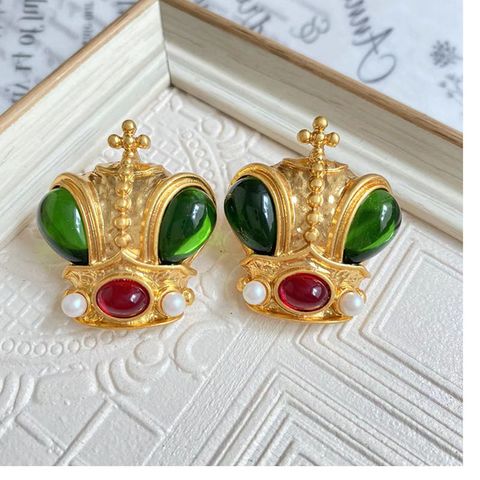 Retro Crown Alloy Plating Artificial Gemstones Women's Ear Studs 1 Pair