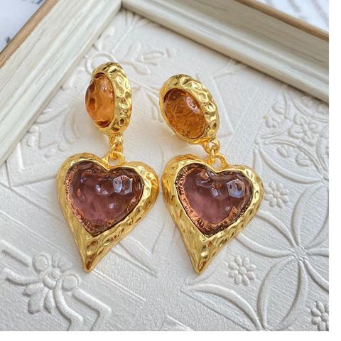Retro Heart Shape Alloy Plating Artificial Gemstones Women's Drop Earrings 1 Pair