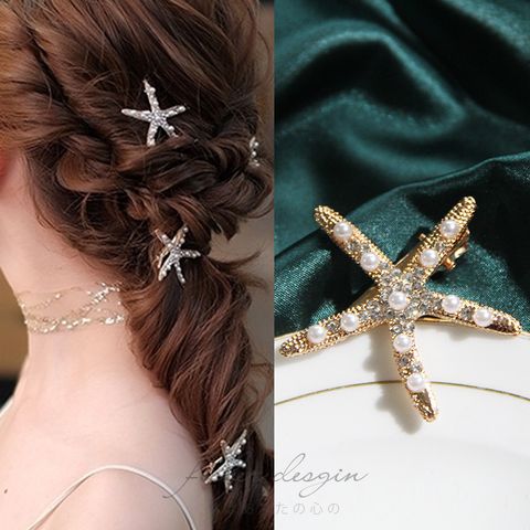 Fashion Starfish Metal Inlay Rhinestones Pearl Hair Clip 1 Piece