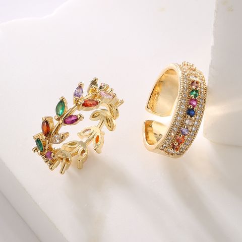 Fashion Geometric Leaf Copper Gold Plated Zircon Open Ring 1 Piece