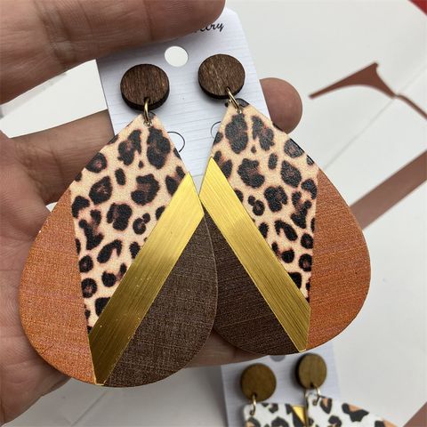 1 Pair Ethnic Style Geometric Water Droplets Leopard Stoving Varnish Wood Drop Earrings