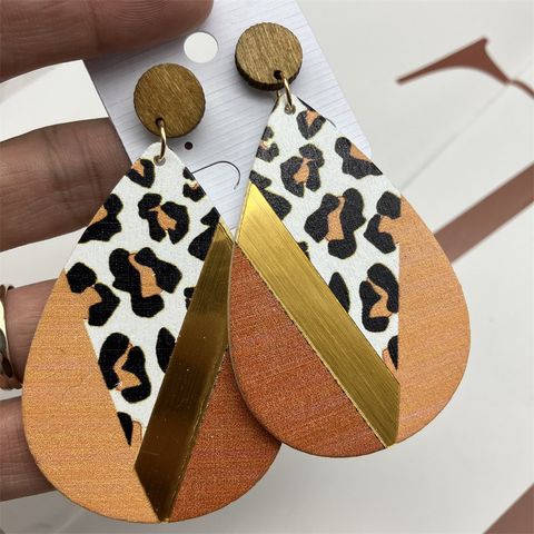 1 Pair Ethnic Style Geometric Water Droplets Leopard Stoving Varnish Wood Drop Earrings