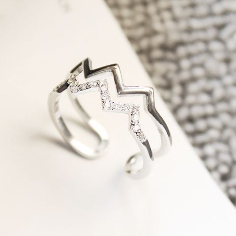 Simple Style Waves Sterling Silver Hollow Out Zircon Open Ring