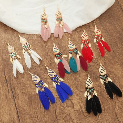 Vintage Style Feather Feather Metal Beaded Women's Drop Earrings 1 Pair