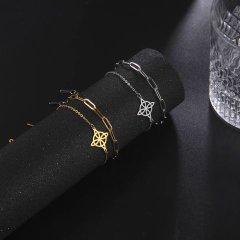Hot Sale Double-layer Twin Welding With Cross Chain Combination Hollow Four-petal Leaf Small Round Pendant 304 Stainless Steel Bracelet