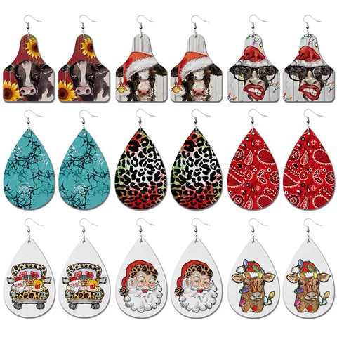 Retro Santa Claus Cattle Flower Pu Leather Water Drop Christmas Women's Drop Earrings 1 Pair