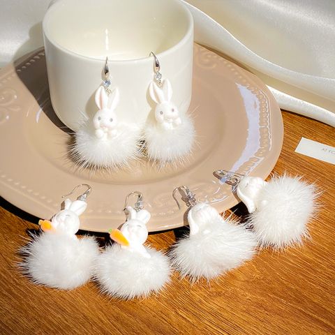 Cute Rabbit Resin Plush Inlay Rhinestones Women's Drop Earrings 1 Pair