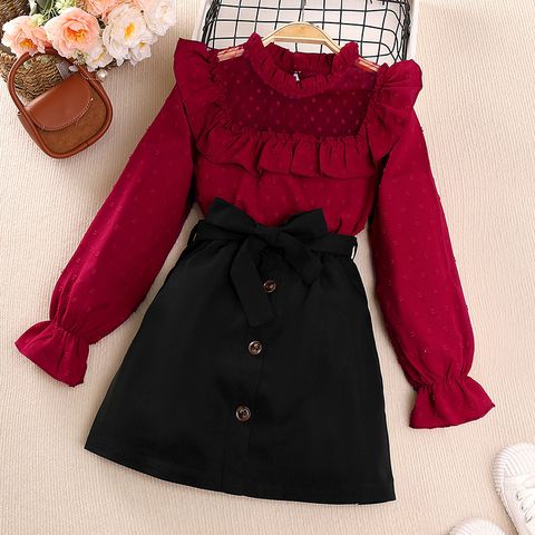 Fashion Solid Color Patchwork Cotton Blend Polyester Girls Clothing Sets