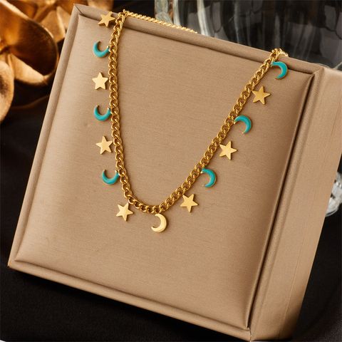304 Stainless Steel 18K Gold Plated Retro Enamel Star Moon Necklace
