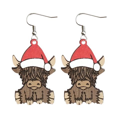 Retro Christmas Hat Cattle Wood Printing Christmas Women's Earrings 1 Pair