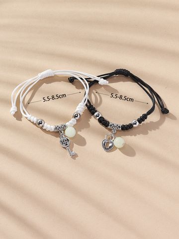 Retro Key Lock Alloy Rope Inlay Beads Couple Bracelets 1 Set