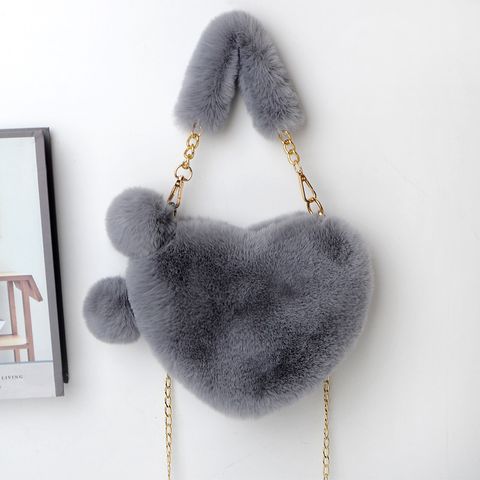 Women's Medium Winter Plush Solid Color Cute Fluff Ball Heart-shaped Zipper Handbag