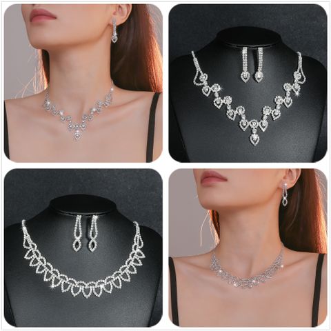 Fashion Water Droplets Tassel Heart Shape Artificial Crystal Metal Inlay Rhinestones Earrings Necklace 1 Set