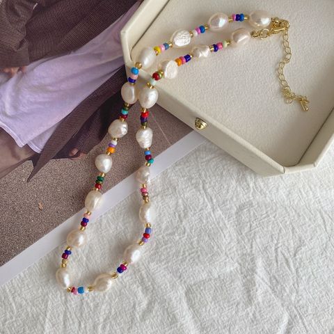 Retro Multicolor Natural Freshwater Pearl Beaded Necklace 1 Piece