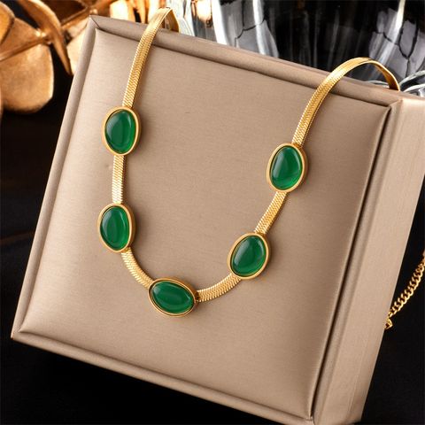 304 Stainless Steel 18K Gold Plated Retro Plating Inlay Oval Stone Necklace