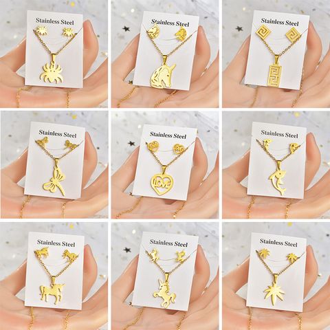Fashion Heart Shape Unicorn Dragonfly Stainless Steel Alloy Plating Women's Earrings Necklace 1 Set