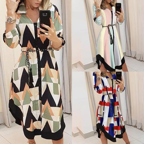 Women's A-line Skirt Fashion Turndown Printing Long Sleeve Solid Color Butterfly Maxi Long Dress Daily