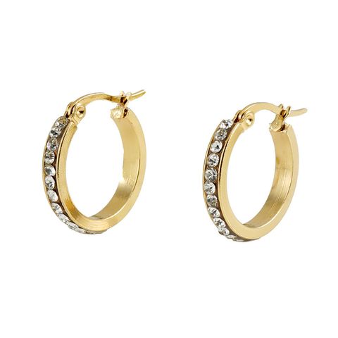 1 Pair Lady Geometric Inlay Titanium Steel Rhinestones 18k Gold Plated Hoop Earrings